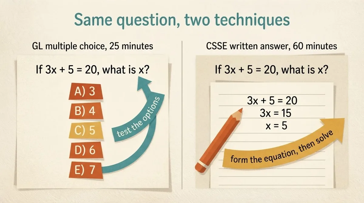 Comparison of multiple-choice option testing and written-answer working for 11 plus algebra questions