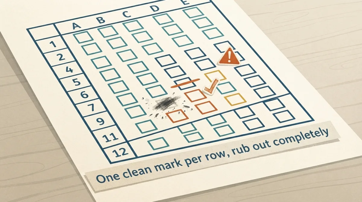 Illustration of a computer-marked multiple-choice answer sheet with one clean mark and one smudged correction flagged