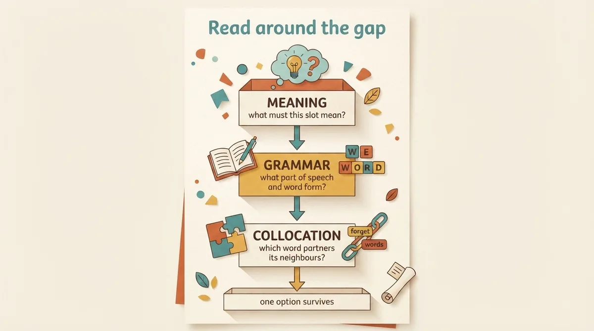 Three-step flow diagram showing a meaning check, a grammar check and a collocation check narrowing five options to one