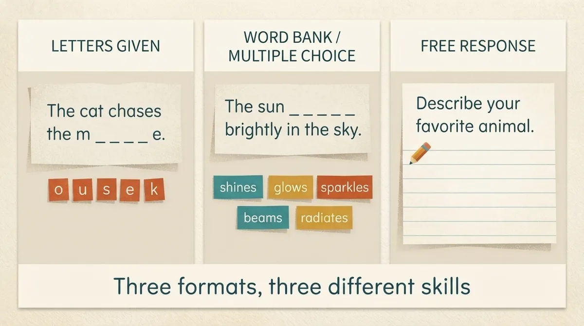 Diagram contrasting the three cloze formats: letters given, word bank or multiple choice, and free response