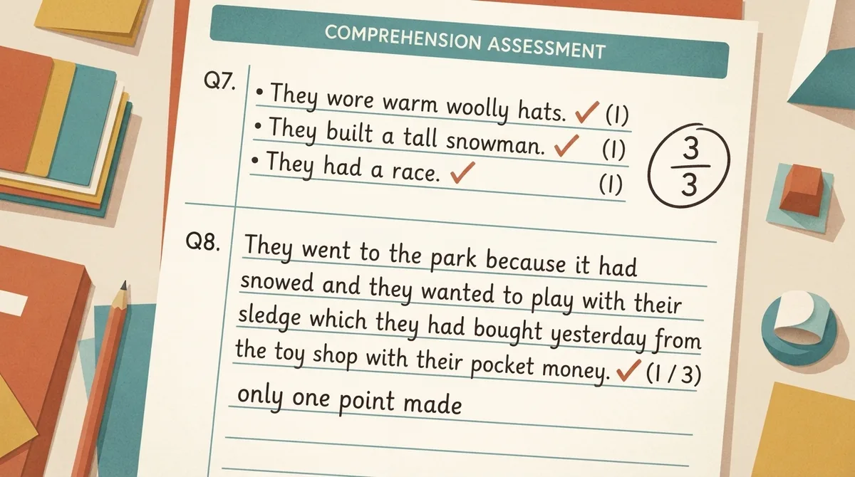 Marked answer sheet comparing a three-point answer scoring full marks with a single-paragraph answer scoring one mark out of three