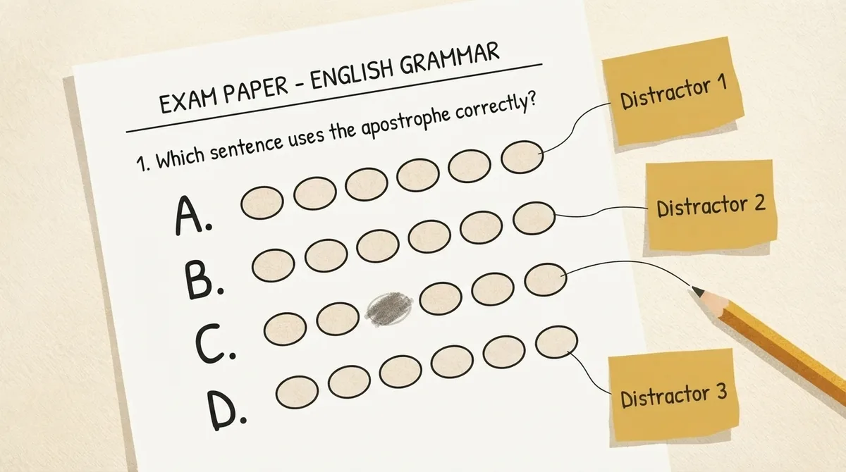 Exam-style multiple-choice answer sheet with lettered bubbles and callouts labelling each distractor