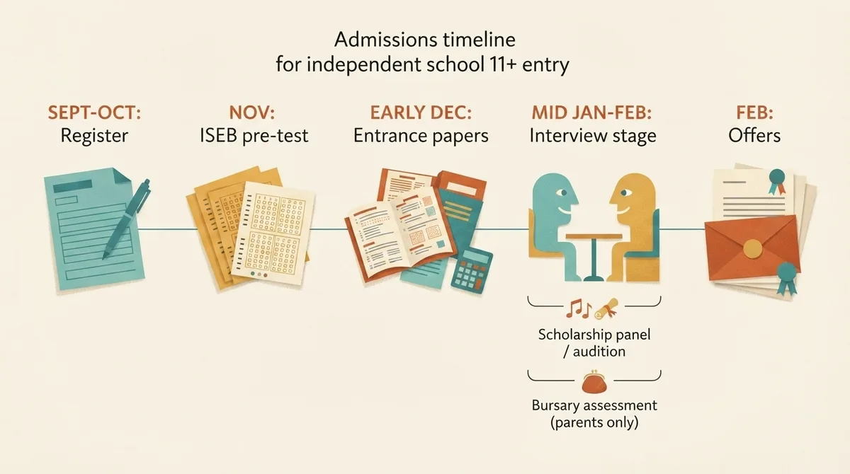 Timeline showing registration, ISEB pre-test, entrance papers, interview stage and offers for independent school 11 plus entry