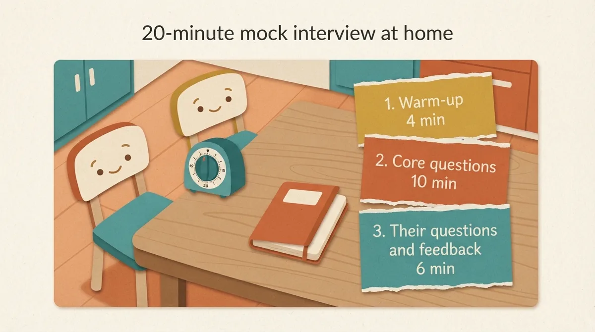 Kitchen table set up for a twenty minute mock interview with a timer and three step cards