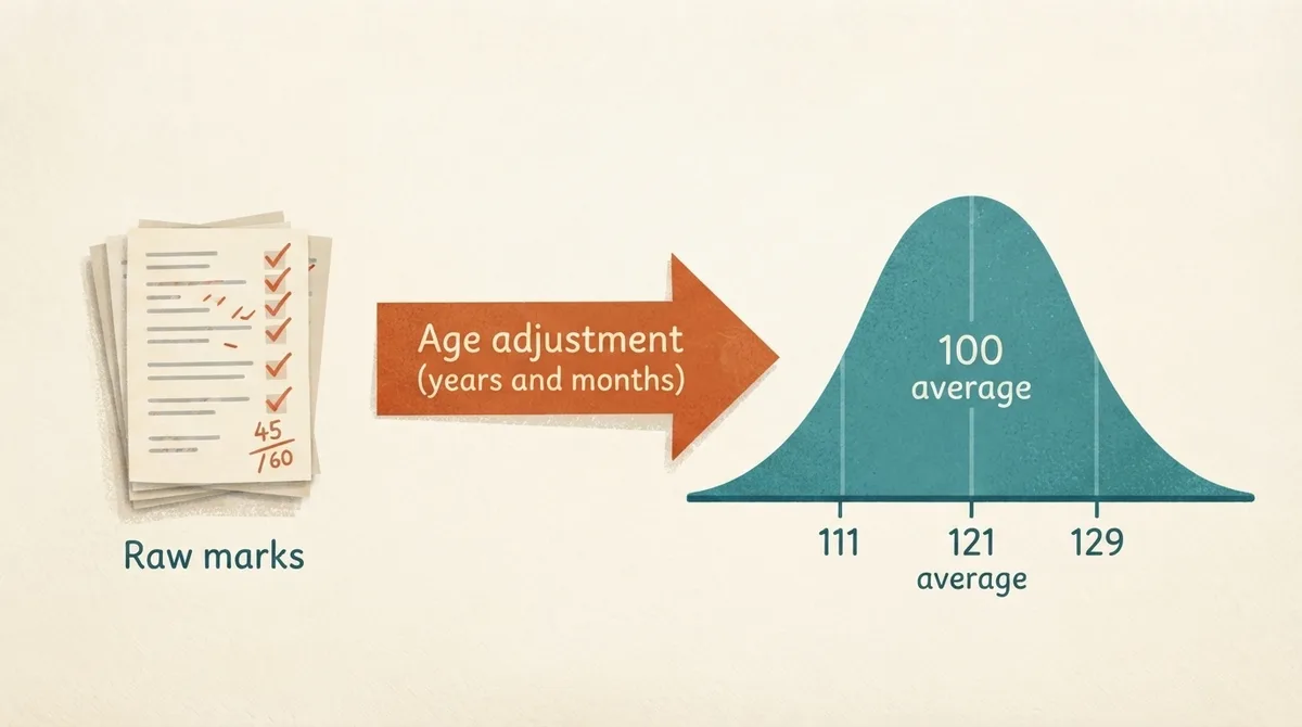 Illustration of raw marks being converted to an age-standardised reference scale