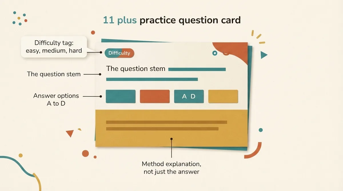 Labelled diagram of a practice question card showing the difficulty tag, question stem, four answer options and the method explanation beneath