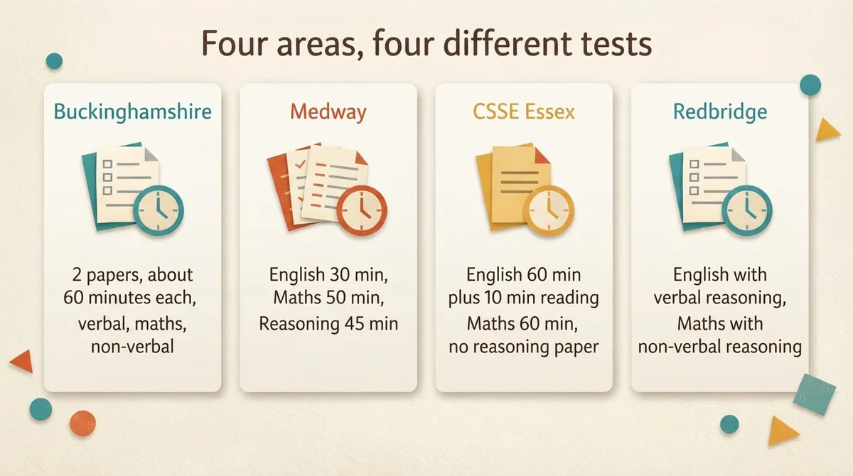 Four column comparison of Buckinghamshire, Medway, CSSE Essex and Redbridge test formats showing paper counts and timings