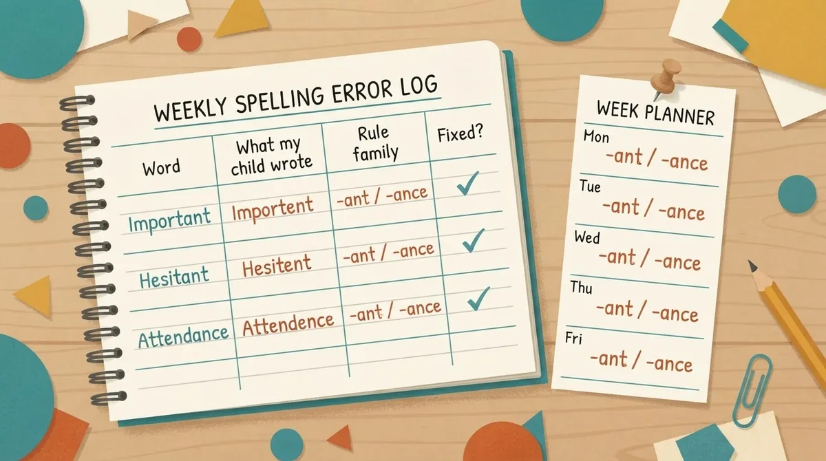 A four-column spelling error log recording word, what the child wrote, rule family and whether it was fixed, next to a weekly planner