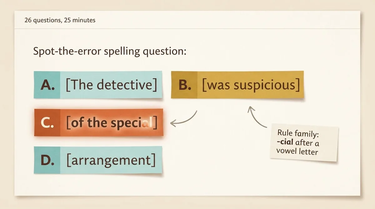 Diagram of a multiple-choice spot-the-error 11 plus spelling question with four labelled options and the answer marked