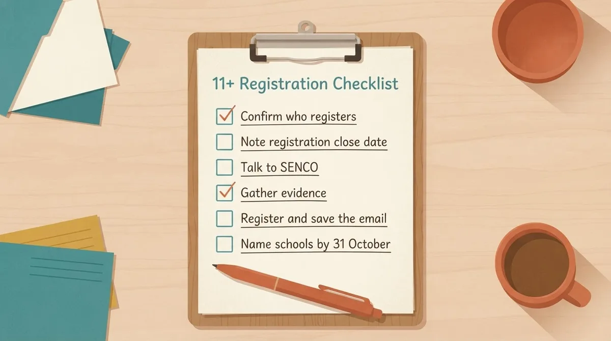 A printable eleven plus registration checklist on a clipboard with tick boxes for each stage of the process