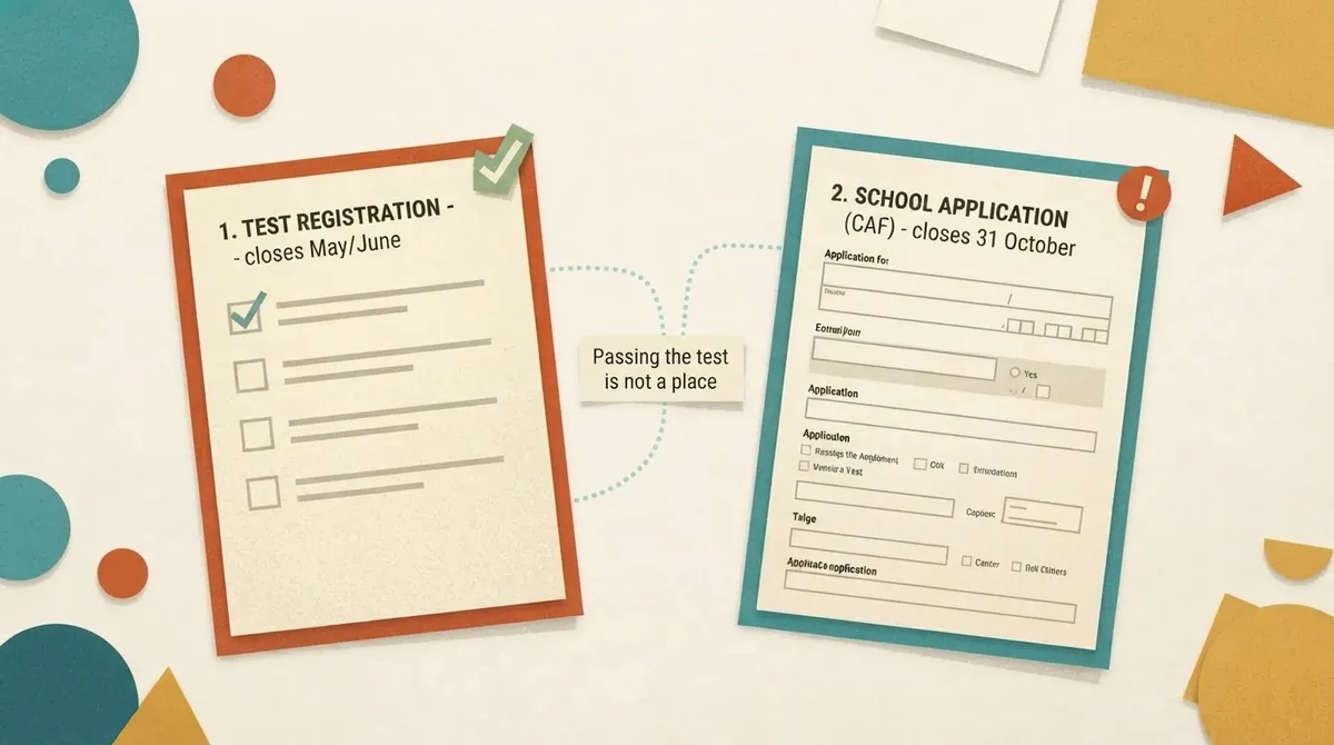 Two separate forms side by side, a test registration closing in May or June and a school application form closing on 31 October