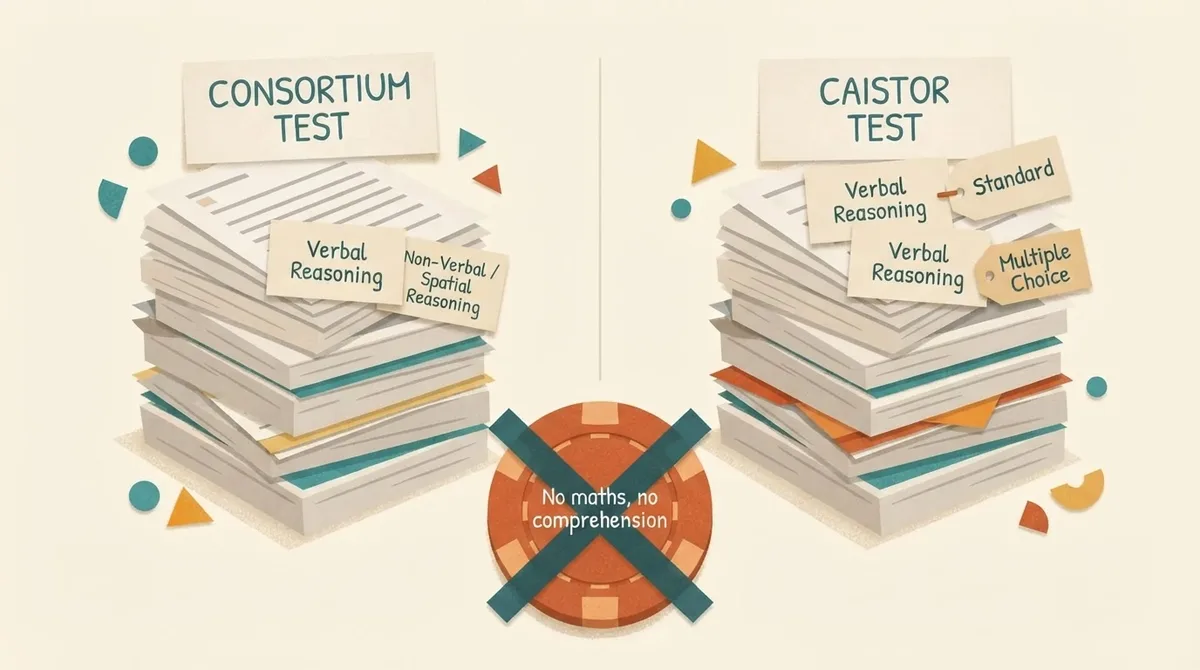 Comparison of the two paper stacks: consortium verbal plus non-verbal reasoning, and Caistor's two verbal reasoning papers