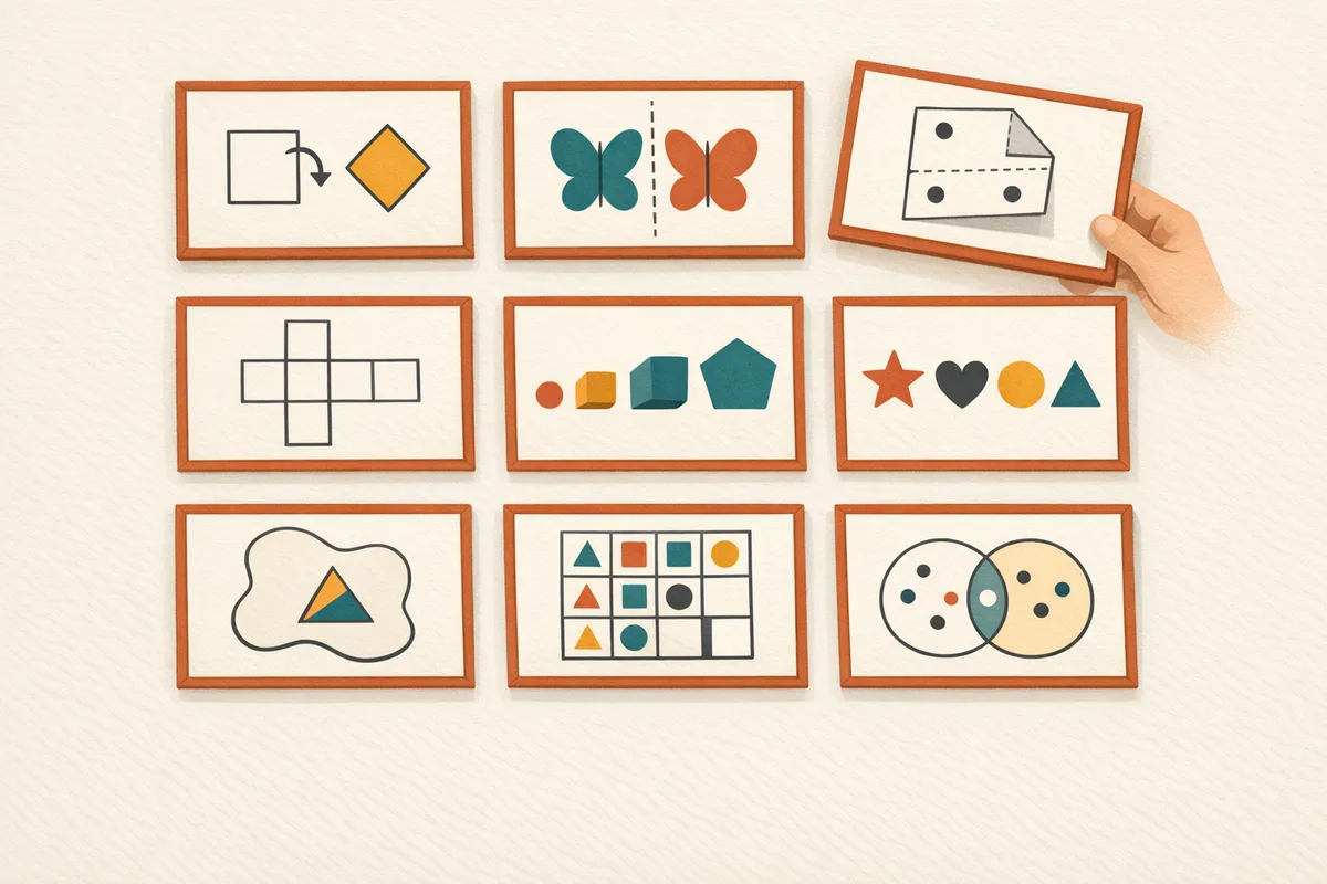 Grid of nine illustrated non-verbal reasoning puzzle cards showing rotation, reflection, folded paper, cube nets, series, odd one out, hidden shapes, matrices and dot placement