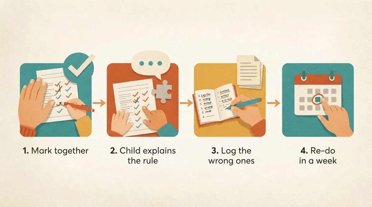 Four-step marking flow: mark together, child explains the rule, log the wrong ones, re-do in a week