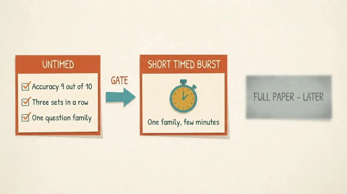Diagram of the untimed-to-timed gate showing accuracy criteria before a short timed burst, with full papers greyed out until later