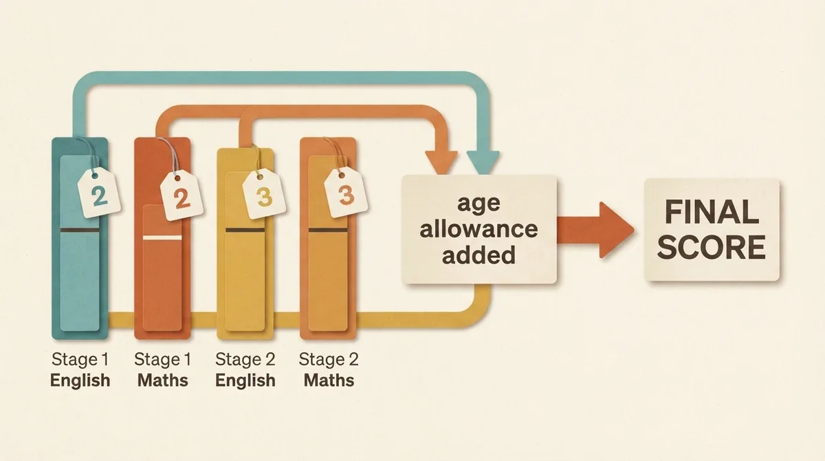 Diagram showing four standardised scores weighted two, two, three, three, combined with an age allowance into a final score