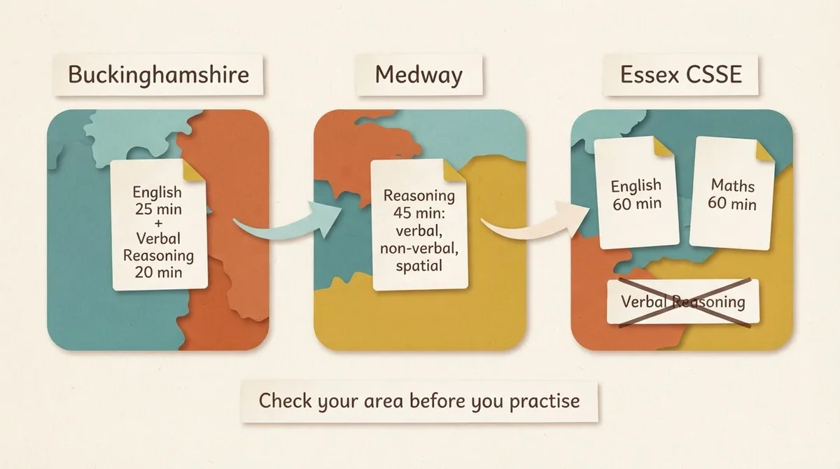 Comparison of published verbal reasoning arrangements in Buckinghamshire, Medway and CSSE materials