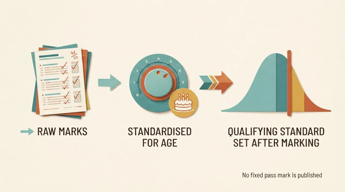 Diagram showing raw marks becoming age-standardised scores and then a qualifying standard set after marking