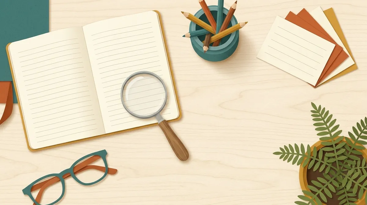 An open blank notebook, pencils, loose cards, a magnifying glass, glasses and a fern on a pale wooden desk.