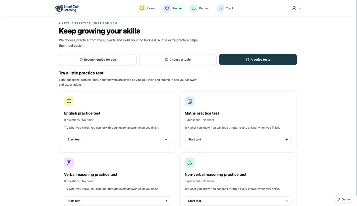 Smart Cub Learning demonstration: untimed practice is clearly labelled. The revision practice tests explicitly say eight questions with no timer. These are not screenshots of a timed mock.